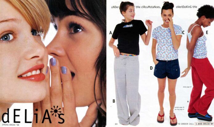 Two pages from a DELiA*s catalog. Left: A girl whispers to another, both smiling. Right: Four girls wearing casual spring outfits, labeled A to E, showcasing clothes like tops, pants, and shorts. Text at the top mentions Spring Break 98.