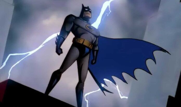 batman-animated-series Still of Batman from the Batman Animated Series standing on a rooftop with lightning striking behind him