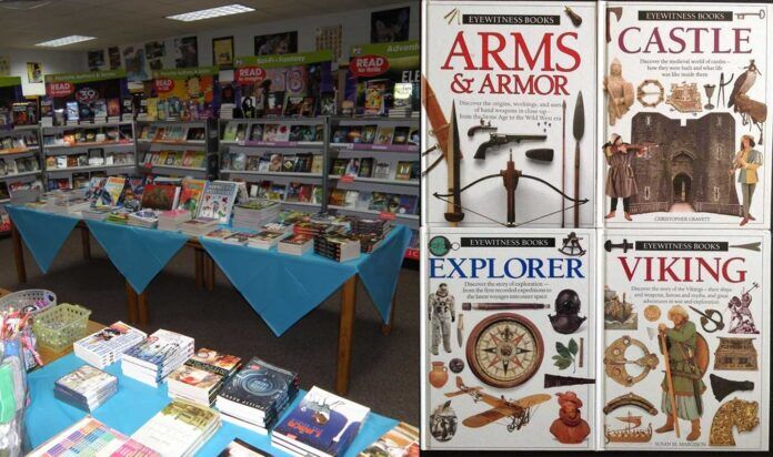 scholastic-book-fair-nostalgia Two panel image, left is a nostalgic photo of a scholastic book fair and the right is 4 different books that we all read as kids