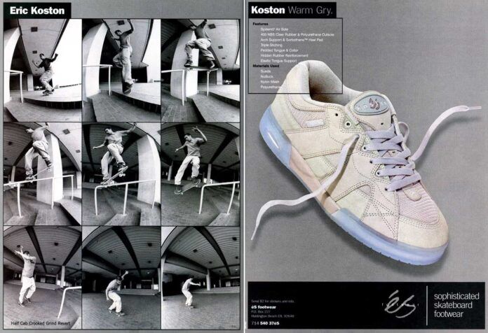 A collage featuring black-and-white skateboarding action shots on the left and a detailed color photo of a light gray Eric Koston skate shoe with product details on the right.