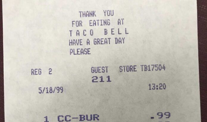 A Taco Bell receipt dated May 18, 1999. It includes a transaction time of 13:20 and guest number 211. The purchase consists of one item, labeled 1 CC-BUR, priced at $0.99. The receipt expresses gratitude and wishes for a great day.