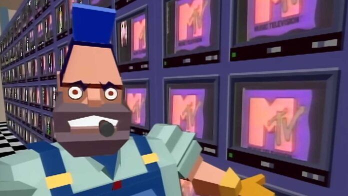 A blocky, animated character with a blue mohawk and beard stands in front of a wall of CRT televisions displaying the MTV logo. The character appears to be shouting or talking with an intense expression.