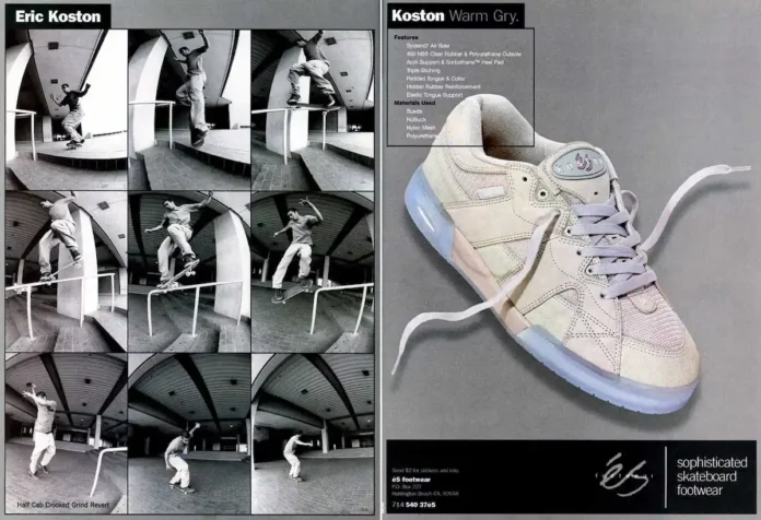 A two-page magazine spread shows black-and-white photos of a skateboarder performing tricks on the left, and a beige Eric Koston signature skate shoe with product details on the right.