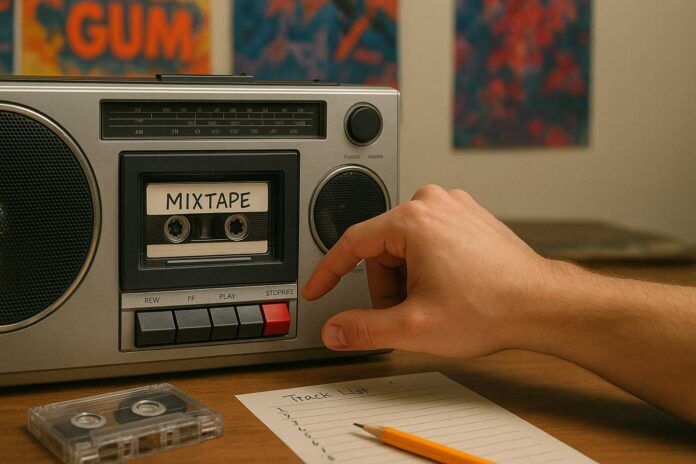 A hand presses the stop button on a vintage cassette player with a tape labeled MIXTAPE inside. A blank cassette, pencil, and a handwritten track list are on the table. Colorful posters are on the wall in the background.