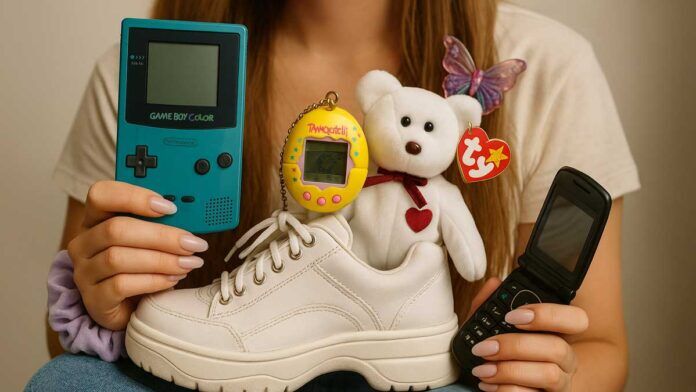 90s trends Gen Z loves - A person holds a turquoise Game Boy Color, a yellow Tamagotchi, a white teddy bear, a chunky white sneaker, and a black flip phone. The person has long hair, a scrunchie on their wrist, and a butterfly hair clip.