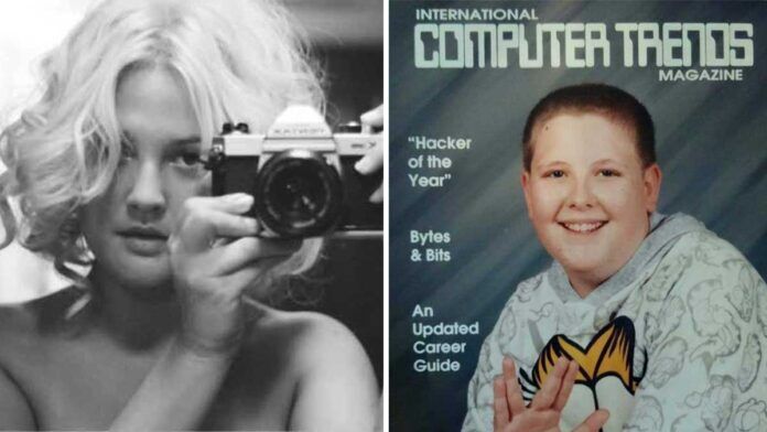 Split image: Left shows a black-and-white photo of a woman with wavy blonde hair holding a camera; right shows a smiling boy on the cover of International Computer Trends Magazine.