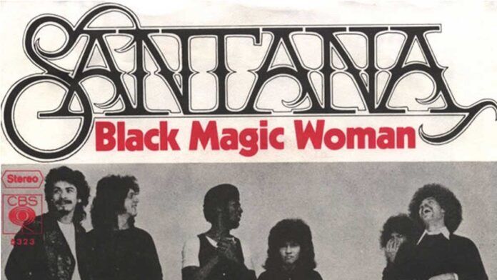 Black-and-white cover showing the band Santana standing together beneath the stylized Santana logo, with Black Magic Woman in bold red text below it. A small CBS logo appears on the left.