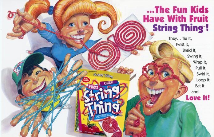 Discontinued candies - Three animated kids play with red Fruit String Thing snacks, twisting and wearing the stringy candy. A box of Fruit String Thing is in the center, with bold text describing fun ways to eat it on the right side.