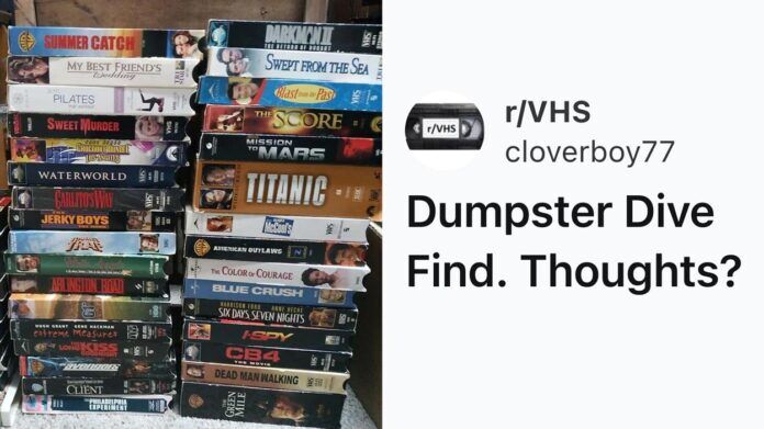 A stack of assorted VHS tapes next to a Reddit post from r/VHS by cloverboy77 that says, Dumpster Dive Find. Thoughts?. A stack of assorted VHS tapes next to a Reddit post from r/VHS by cloverboy77 that says, Dumpster Dive Find. Thoughts?.