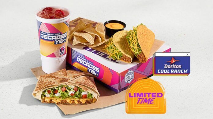 A Taco Bell meal featuring a large drink, chips with nacho cheese, two Doritos Cool Ranch tacos, and a grilled burrito, with “LIMITED TIME” and Doritos Cool Ranch branding in the image.