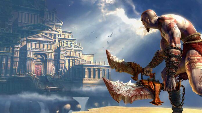 Video Games Turning 20 in 2025 - God of War 2005 - A muscular warrior with tattoos and dual blades stands on a cliff, overlooking an ancient, majestic city in the clouds. The city features grand architecture with columns and stairs. Birds fly nearby, and the sky is partially cloudy.