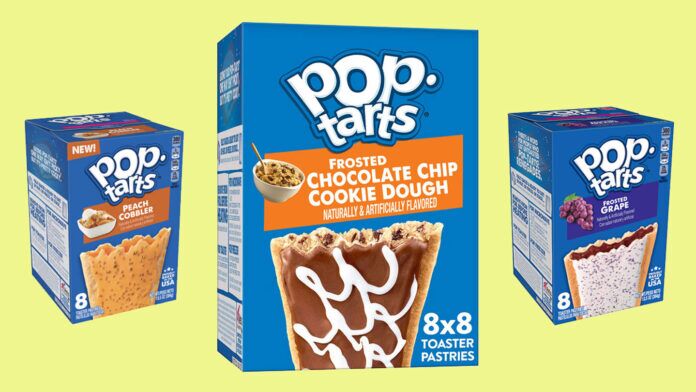 Discontinued Pop-Tart flavors article thumbnail- Boxes of Pop-Tarts flavors are displayed against a light green background. The flavors shown are Frosted Chocolate Chip Cookie Dough, Peach Cobbler, and Frosted Concord Grape, each containing 8 toaster pastries.