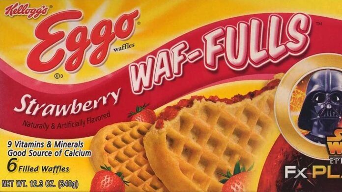 Box of Kelloggs Eggo Waf-Fulls featuring strawberry-flavored waffles. The packaging shows two waffles with strawberry filling and pictures of strawberries. Includes text about vitamins, minerals, and a Star Wars character image.